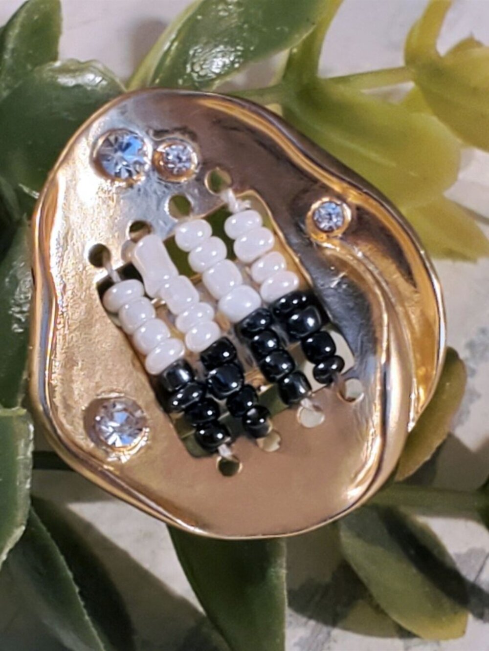 Crystals and Glass Beads Baroque Gold Plated Adjustable Statement Cocktail Ring